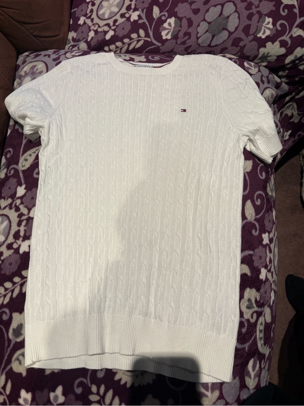 Tommy Hilfiger White Cable-Knit Crewneck Short-Sleeve Sweater